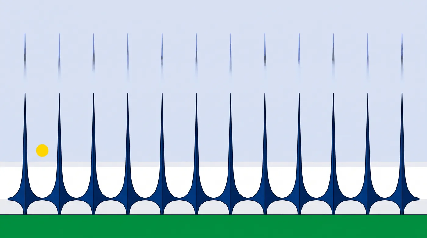 Ilustração de uma colunata inspirada no Palácio da Alvorada, sobre um plano horizontal, com o sol baixo no horizonte