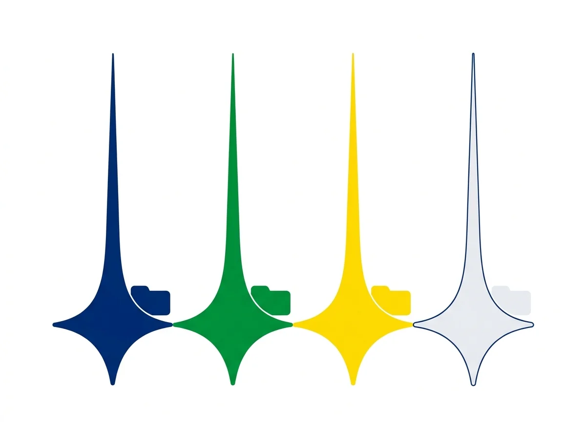 Quatro colunas de cores diferentes, cada uma com uma aba de pasta